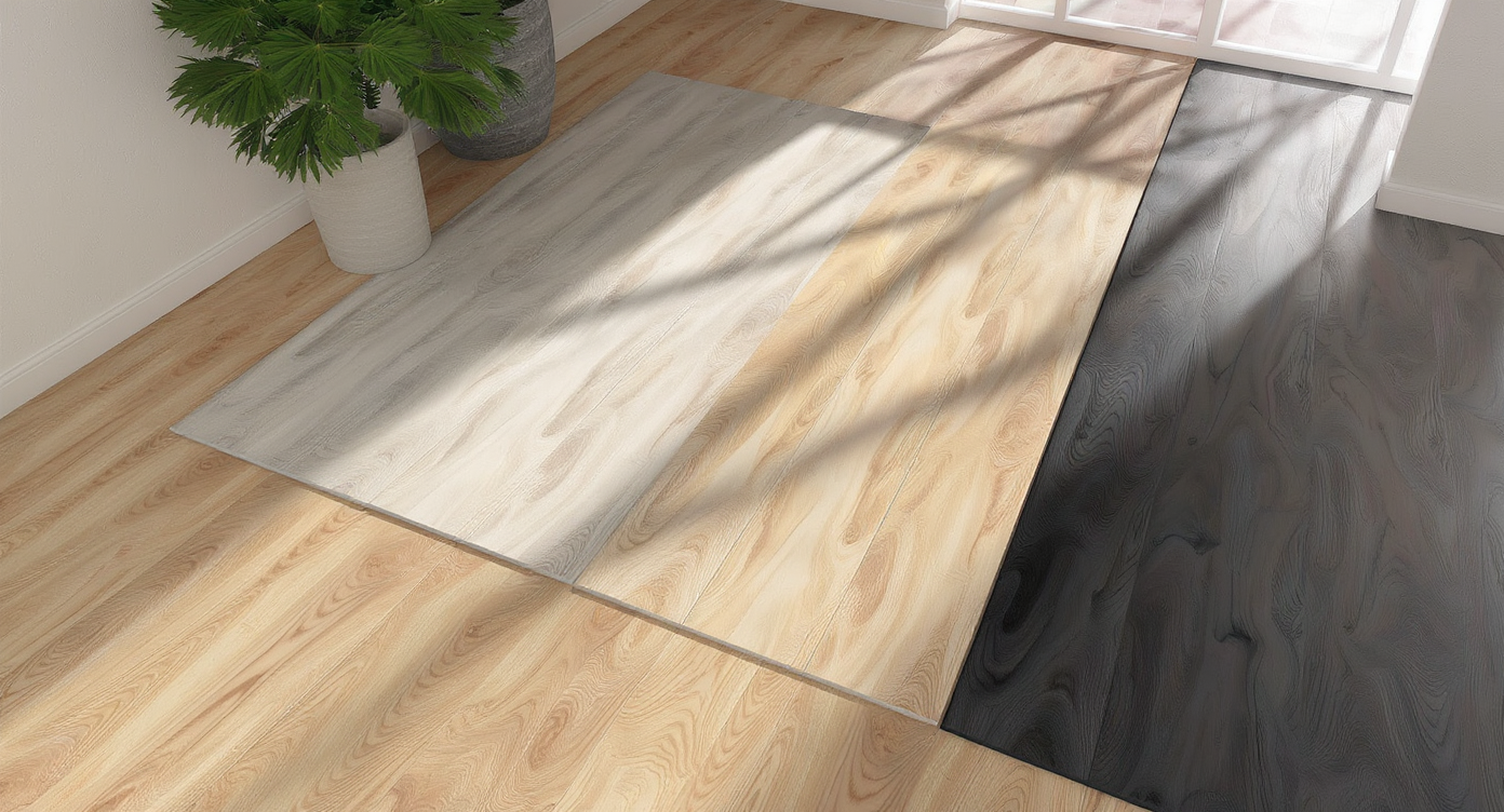Three distinct floor panels—light gray, mid-tone neutral wood, and dark wood—displayed side by side in natural daylight for direct shade comparison.