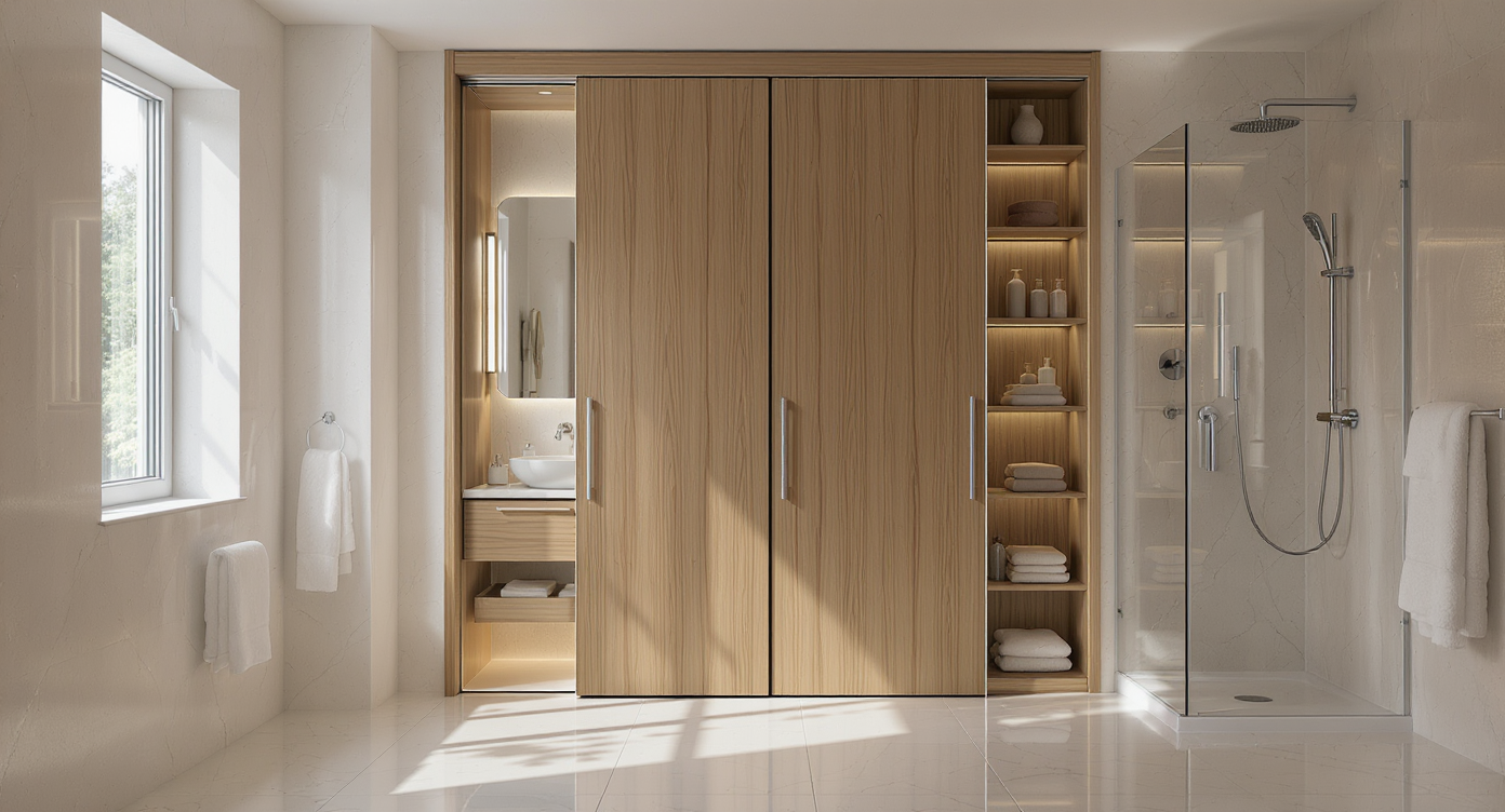 Modern bathroom with a pocket door open in the wall, floating vanity, glass shower, built-in shelves, and realistic lighting.