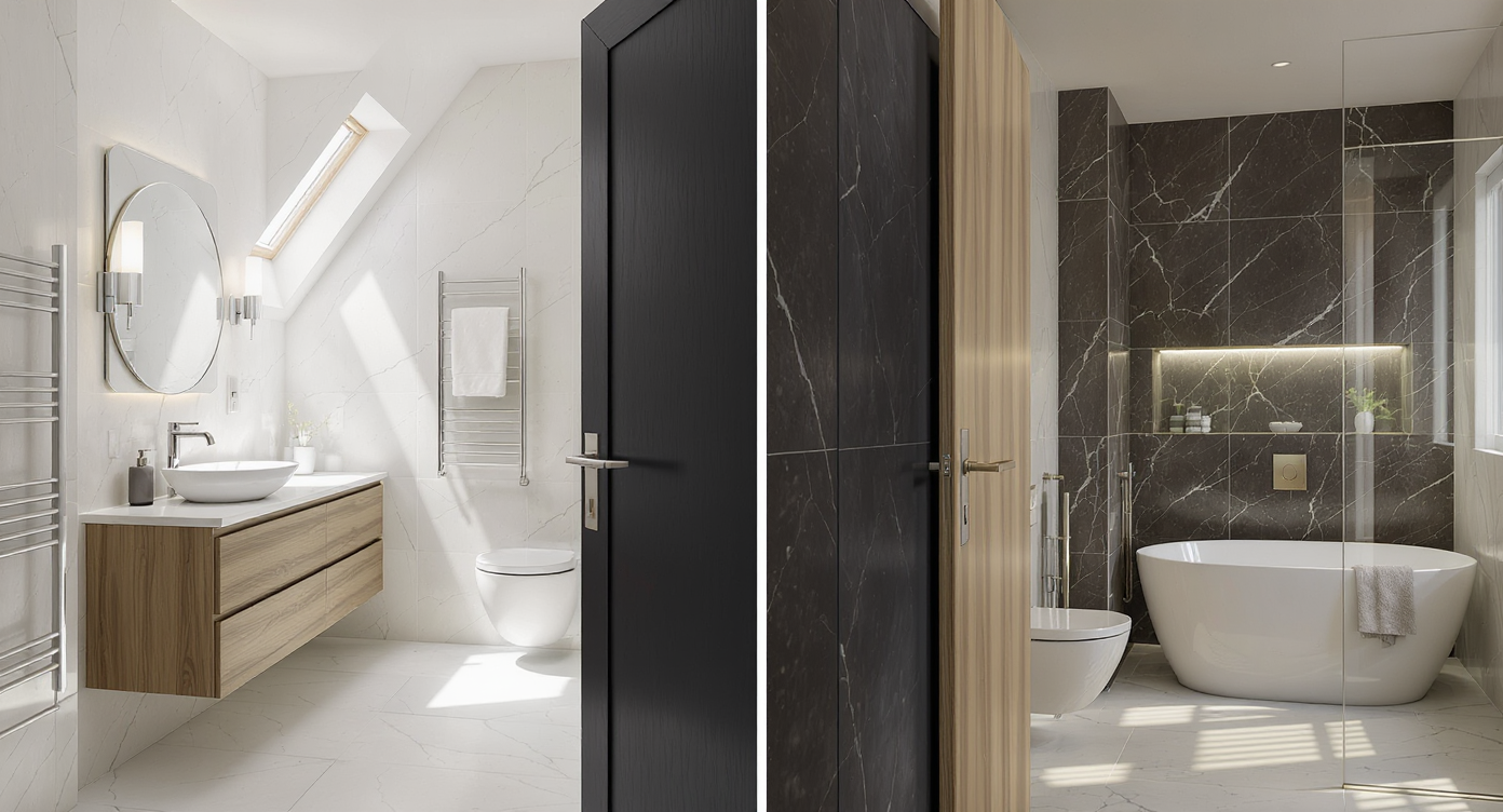 Modern bathrooms divided by a partially open pocket door, highlighting real differences in floor space and material finishes; no people visible.