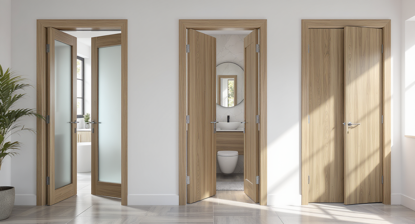 A realistic hallway with three bathroom entrances: master ensuite and guest bath with pocket doors, kids’ bathroom with a traditional swing door.