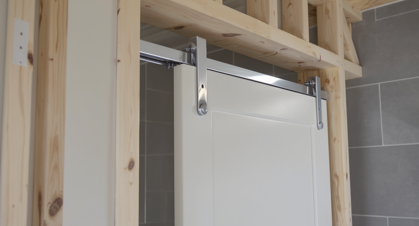 Close-up of a solid-core pocket door sliding in a modern bathroom wall, with premium track hardware and rollers clearly visible inside the framing.