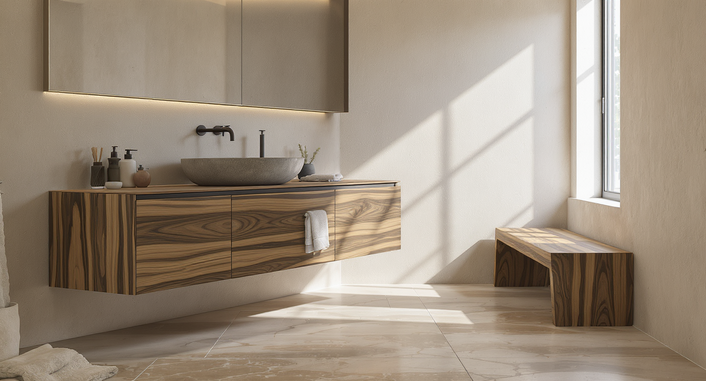A luxurious bathroom featuring wood, stone, and clay surfaces, with a stone sink, teak bench, and daylight enhancing natural textures and depth.