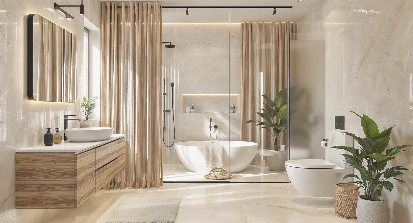 Open-concept bathroom with ceiling-mounted bamboo curtains and a frosted glass screen, illustrating flexible privacy without closing off the space.