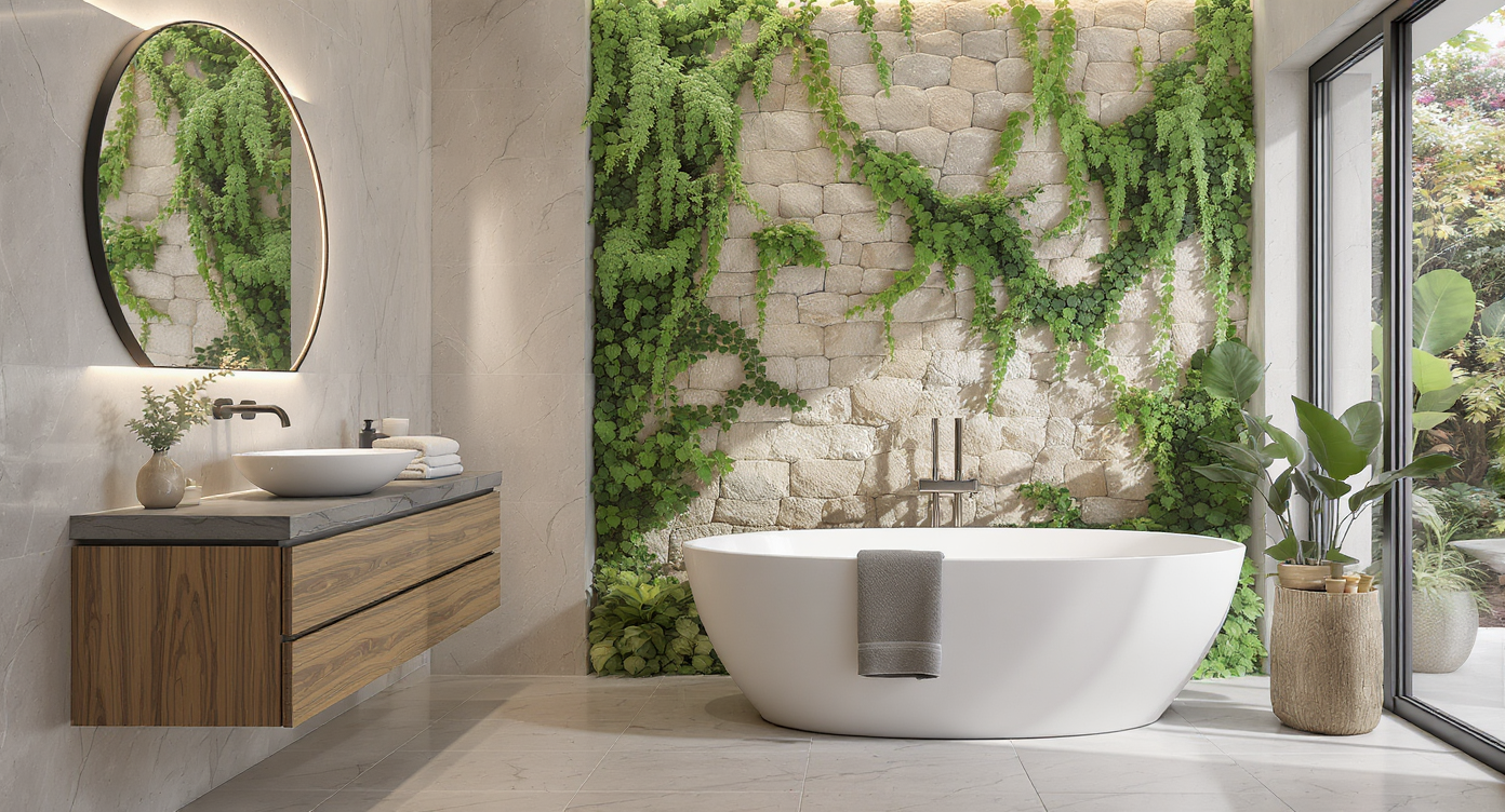 A luxury bathroom with a freestanding tub, rain shower over natural rocks and plants, floating vanity, and heated towel rail in natural daylight.