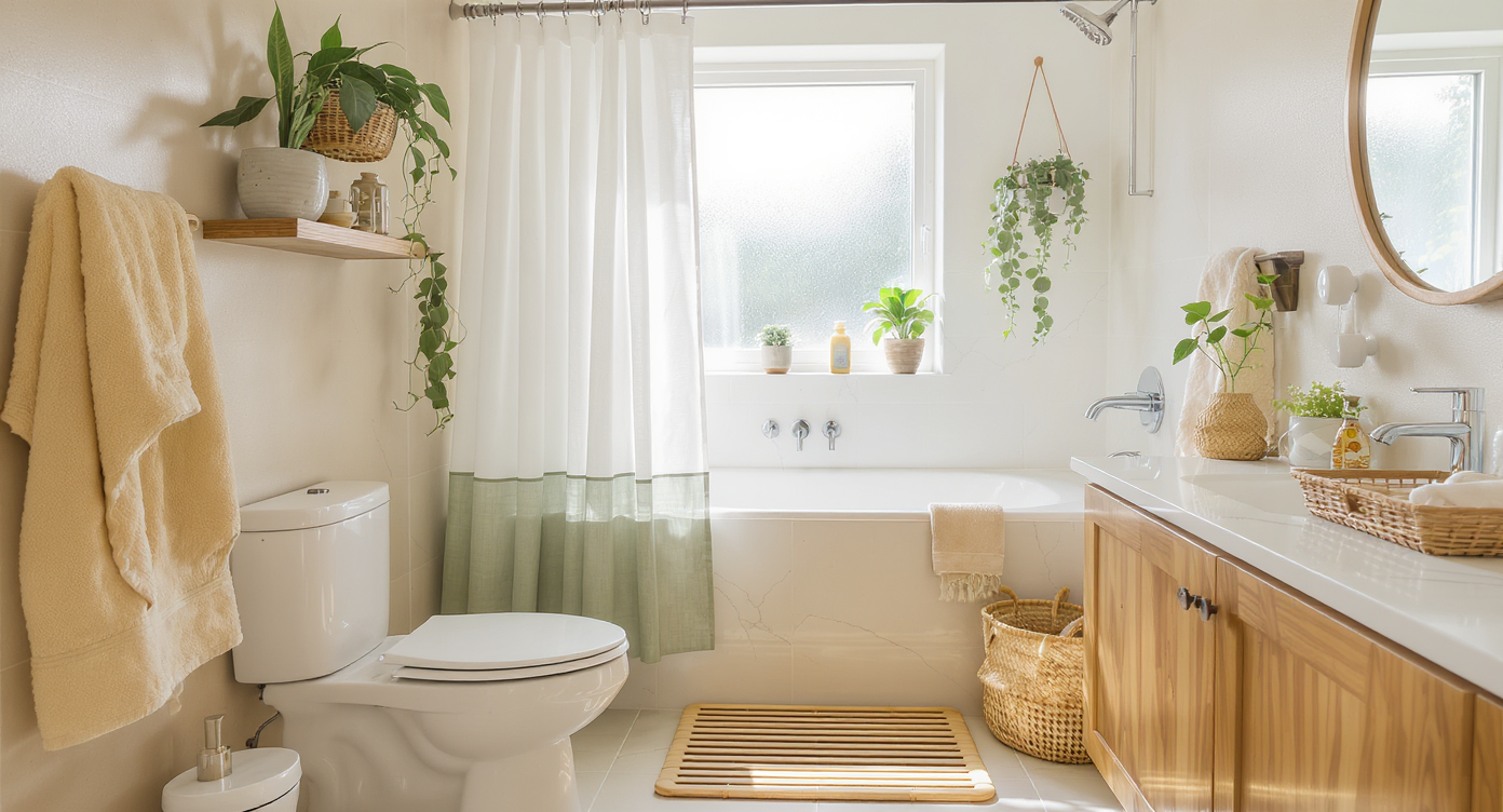 A compact modern bathroom with renters’ updates: wood bath mat, lush potted plants, layered shower curtain, and portable bamboo storage under soft light.
