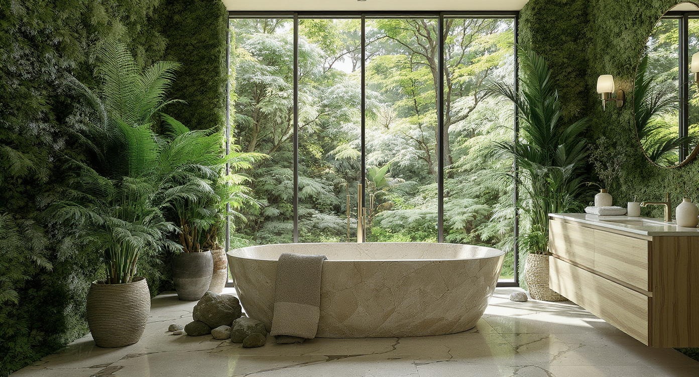 A modern bathroom with stone tub, living green wall, potted ferns, and floor-to-ceiling windows showcasing relaxing natural elements.