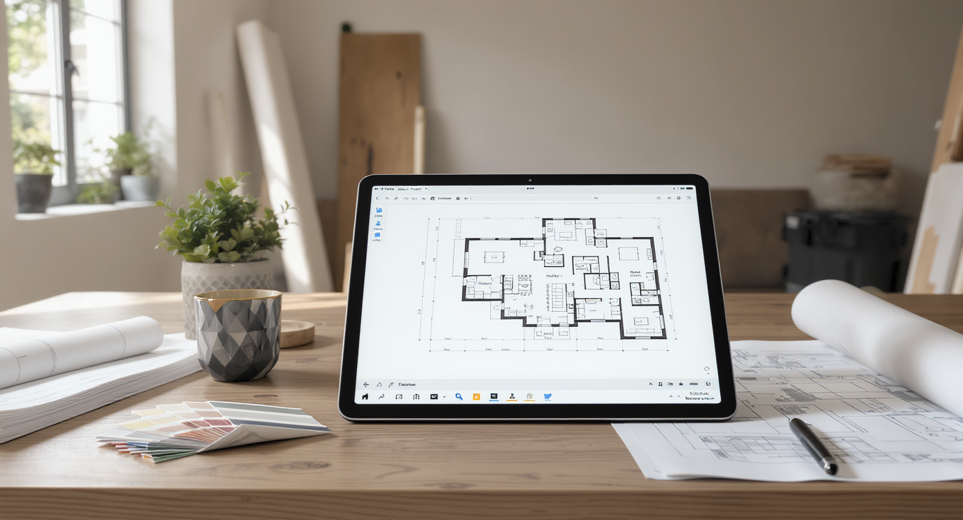 A small home's living room workspace featuring a tablet with a 3D floor plan, renovation blueprints, finish samples, and visible signs of planned layout changes.