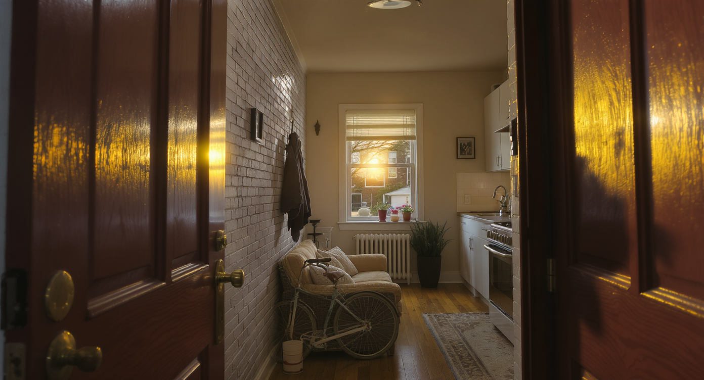 View from an old city townhouse doorway showing a modest living area with a bike by the door and suburban houses visible in the distance.