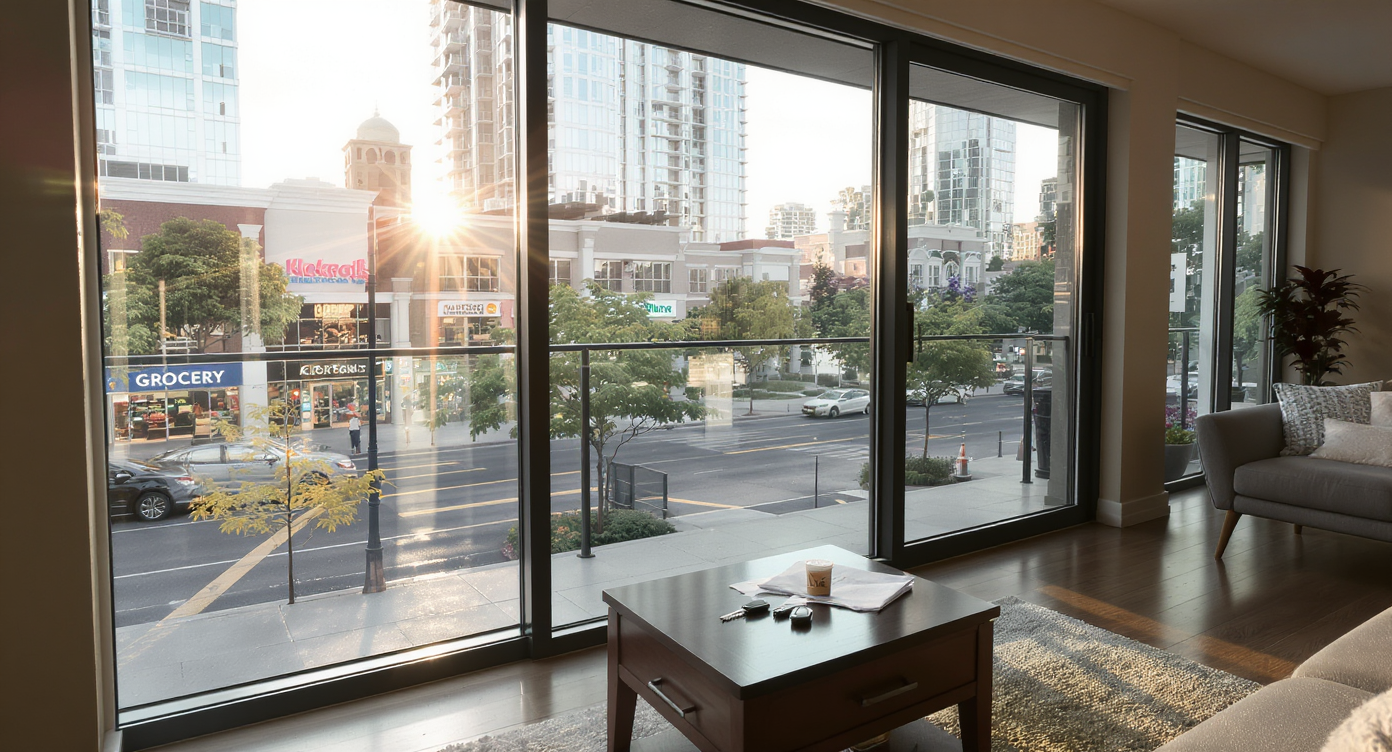 Modern, compact urban living room with large windows overlooking walkable city amenities, a parked car, and natural morning light.