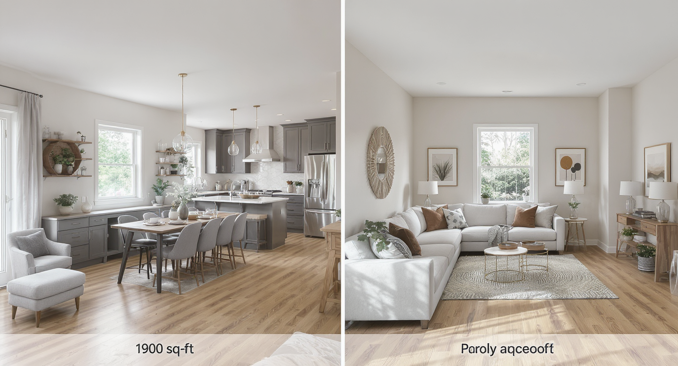 Side-by-side realistic interiors: a well-designed, open 1900 sq ft space with built-ins and open plan versus a larger, closed-off, less functional room.