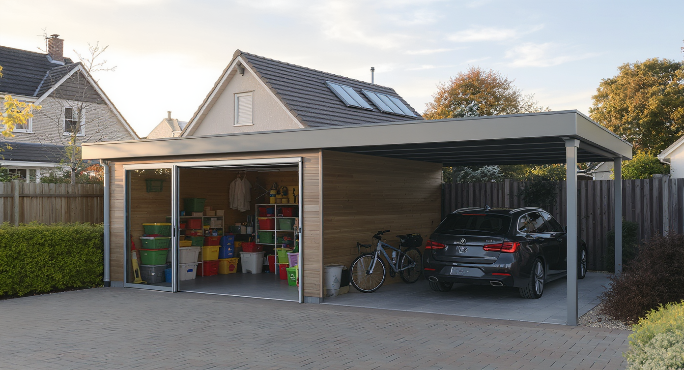 Modern suburban home without a garage, featuring a storage shed, a carport for one car, and a creative overhang shelter for bikes, in mild daylight.