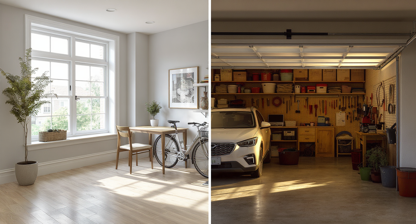 A split-scene image shows a cozy city apartment with views of local cafes on one side, and a spacious suburban garage for hobbies on the other.