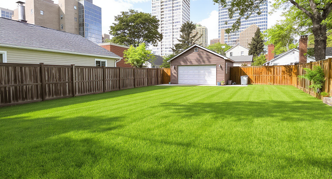 A spacious urban backyard with a single-family house, detached garage, large lawn, garden bed, and privacy fencing in a city neighborhood.