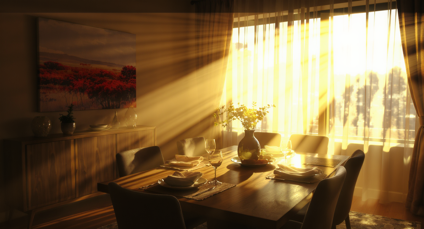 A modern dining room with golden morning sunlight streaming through east-facing windows, illuminating a wooden table set for breakfast and casting warm, realistic shadows.