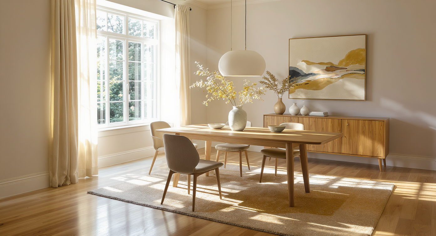 Dining room with soft morning sunlight, rectangular table near windows, round table in sunny corner, bright artwork and textured rugs.