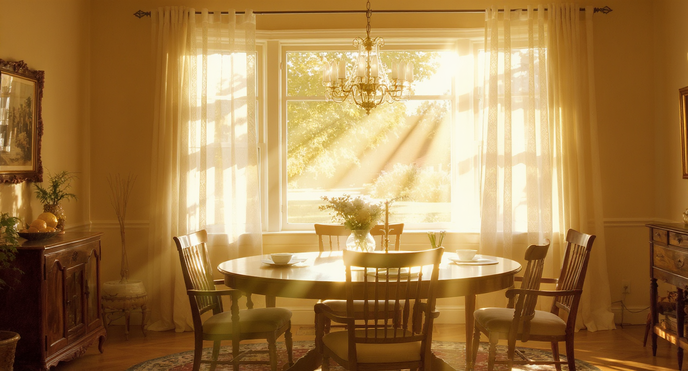 Sun-filled dining room with large east-facing window, warm morning light on a wooden table with simple tableware, no people present.