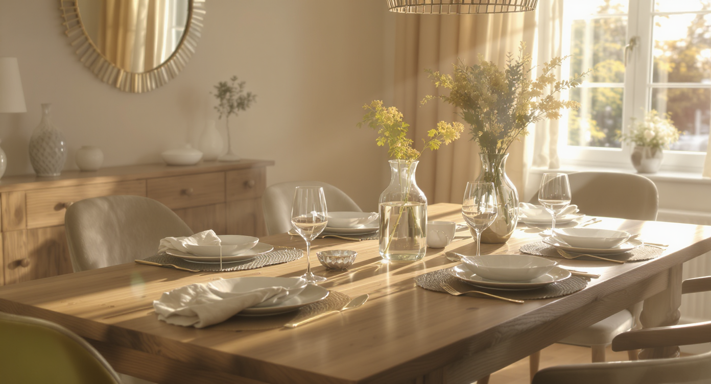 Sunlit oak dining table set with linen napkins, ceramic dishes, and reflective decor, in a dining room with mirrored and windowed walls amplifying natural light.