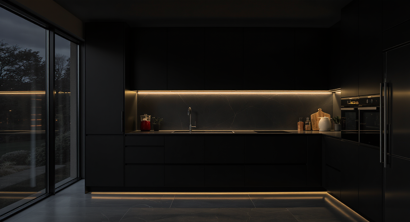 Photorealistic open-plan kitchen at dusk with matte black cabinets, gold hardware, dimmable pendant lights, and textured stone and glass surfaces.