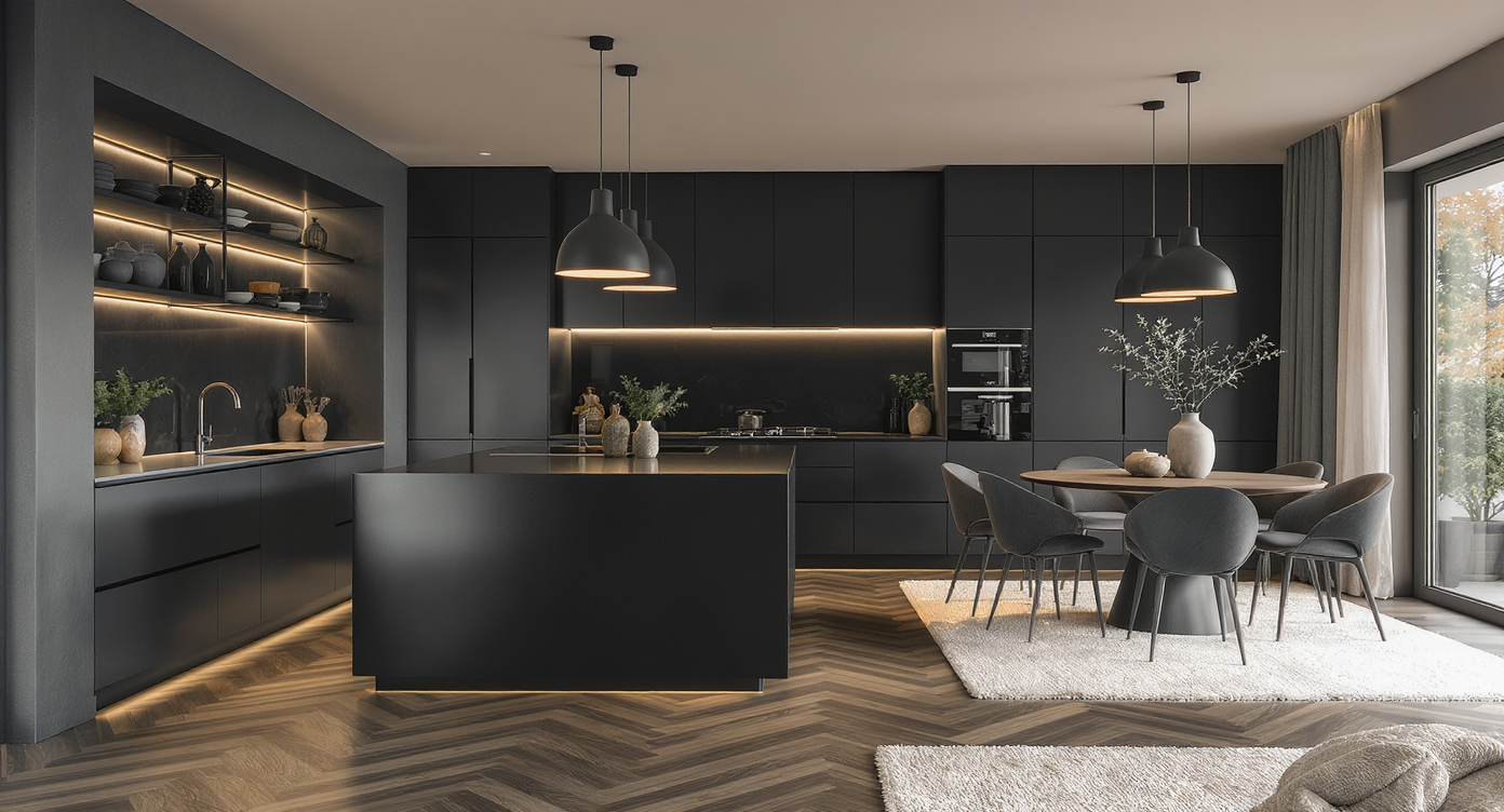 Photorealistic open-plan kitchen merging into dining and living areas, defined by a peninsula, low shelving, area rug, and soft lighting transitions.