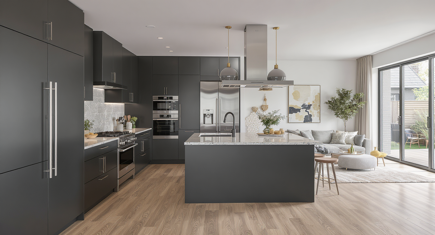 Photorealistic open-plan kitchen with dark finishes, stone island, and integrated living area, staged to highlight both style and seamless utility.