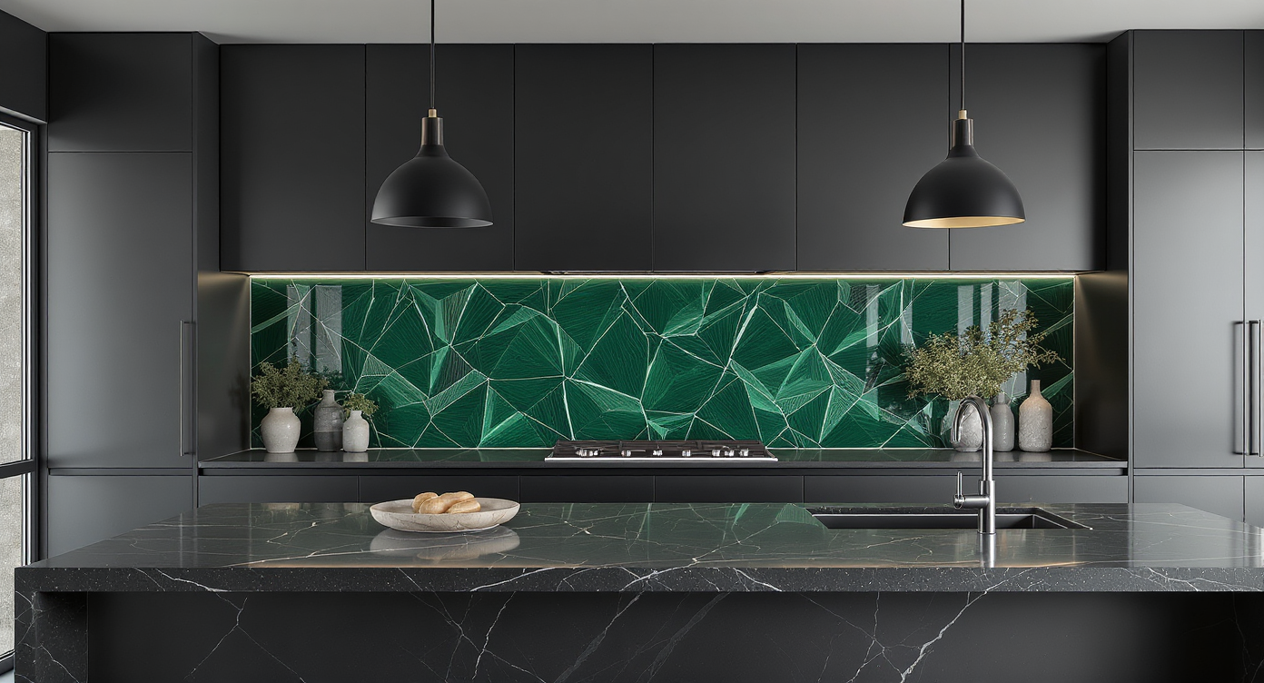 Modern moody kitchen with a striking emerald tile backsplash, matte charcoal counters, black cabinets, and subtle pendant lights in an open-plan layout.