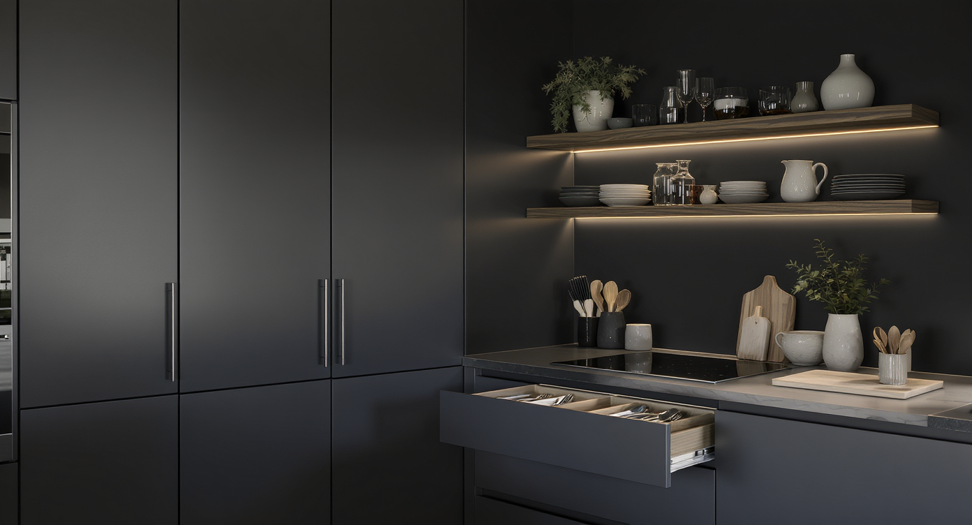 Modern moody kitchen section with seamless tall cabinetry, open display shelves holding ceramics, and optimized visible cabinet interiors.