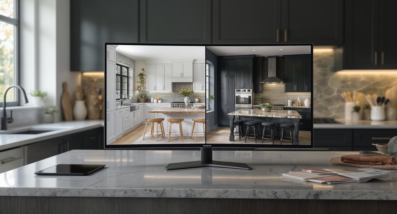 A pristine modern kitchen features a large monitor on the island showing an AI-powered split-screen preview: one side the current layout, the other a reimagined, moody version with new finishes and peninsula placement.