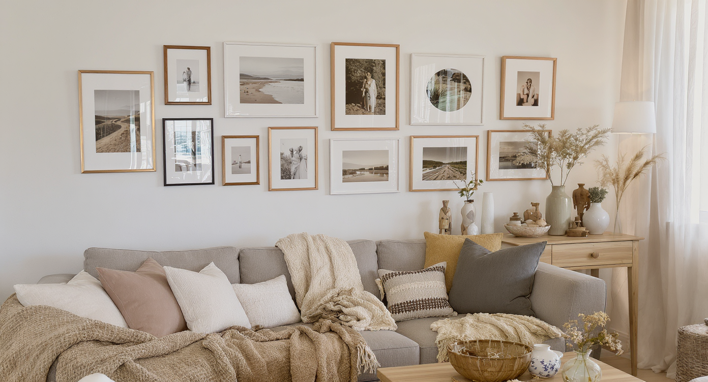 A neutral sofa sits below a curated gallery wall of diverse framed artwork and photos, with travel souvenirs on a nearby console, in a naturally lit living room.