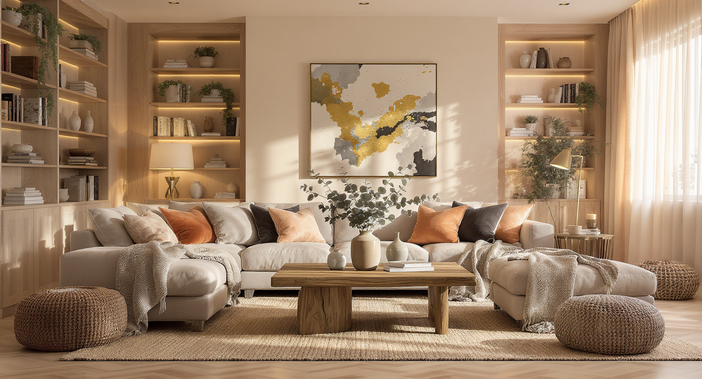 A photorealistic living room shows a cozy sectional sofa, warm lighting from multiple lamps, textured throws, bookshelves, greenery, and layered rugs.