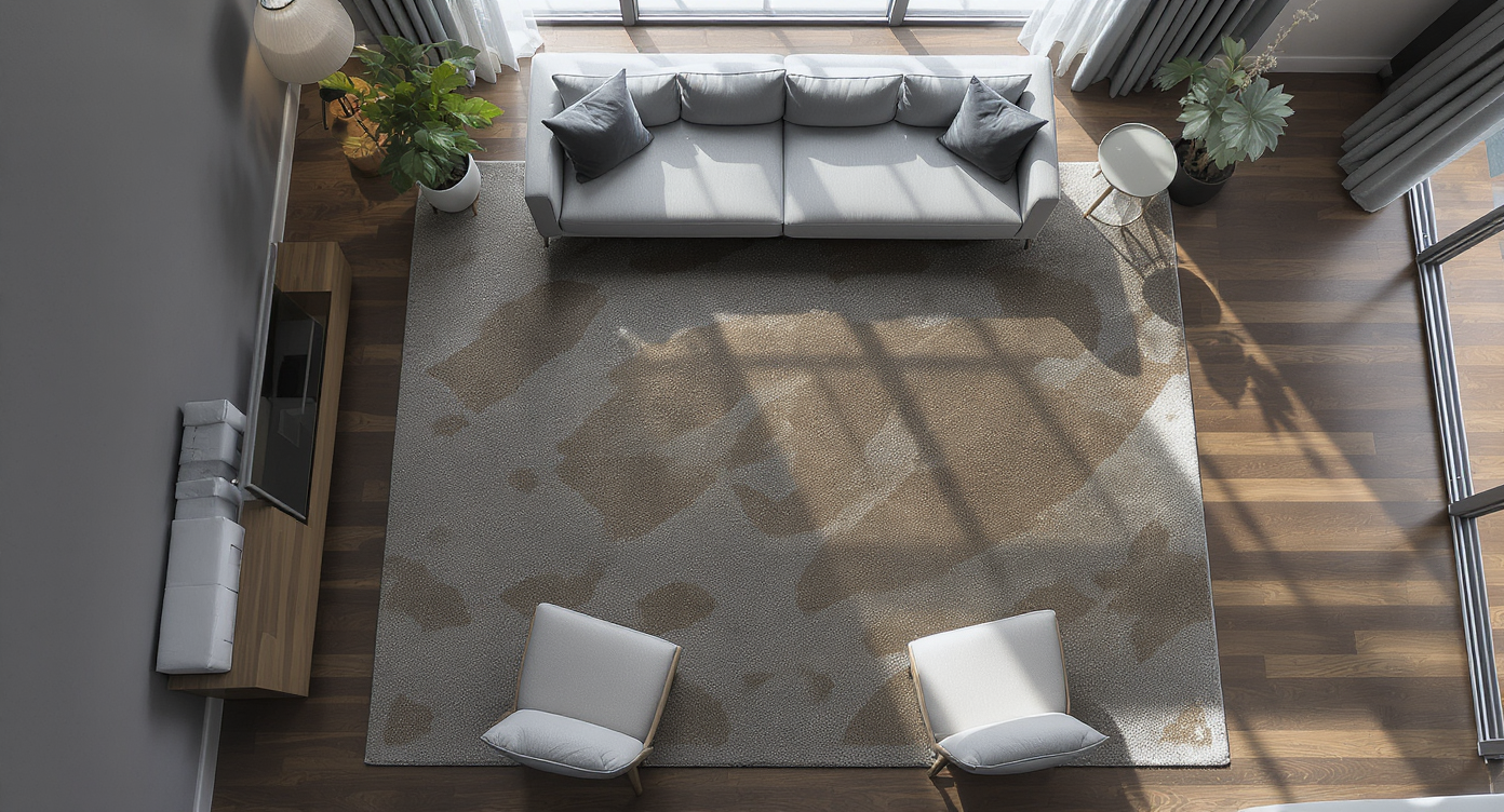 Photorealistic top-down view of a living room with a large, deep-hued patterned rug beneath all seating, anchoring a cozy furniture arrangement.