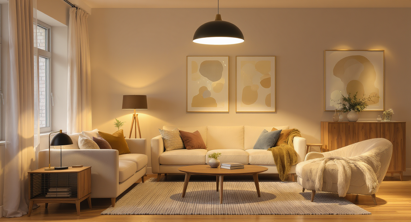 A photorealistic living room features multiple warm light sources, including overhead, table, floor, and accent lights layered for a cozy, inviting ambiance.