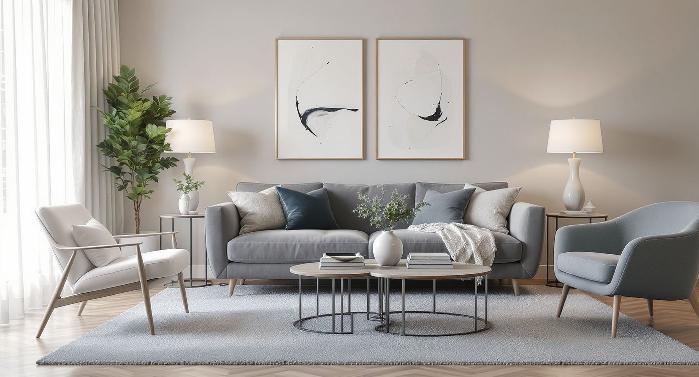 An immaculate, stylish living room with untouched furniture and spotless decor, softly lit but subtly uninviting and showing no signs of regular use.