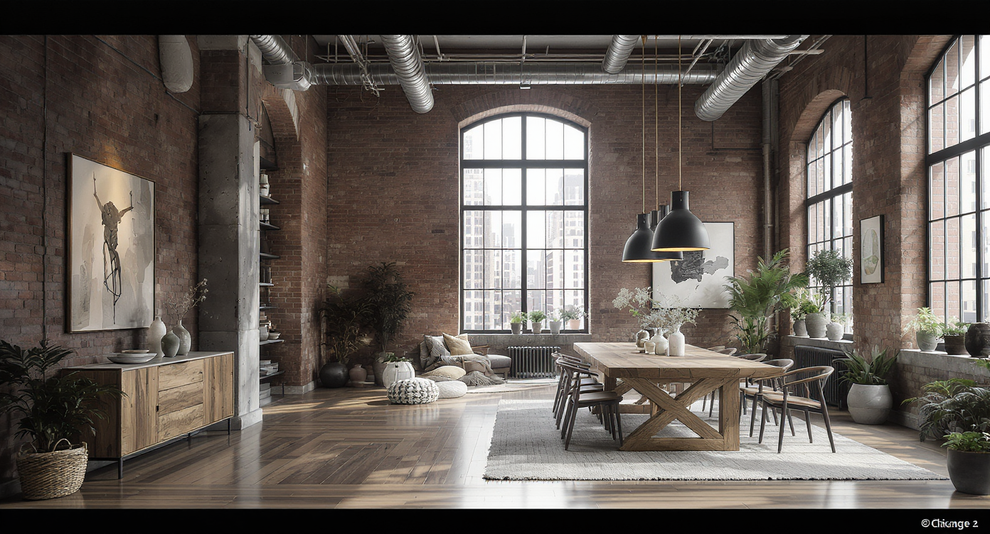 Sunlit Chicago loft interior with exposed brick walls, modern furnishings, indoor plants, and curated decor, showcasing thoughtful renovation ideas.