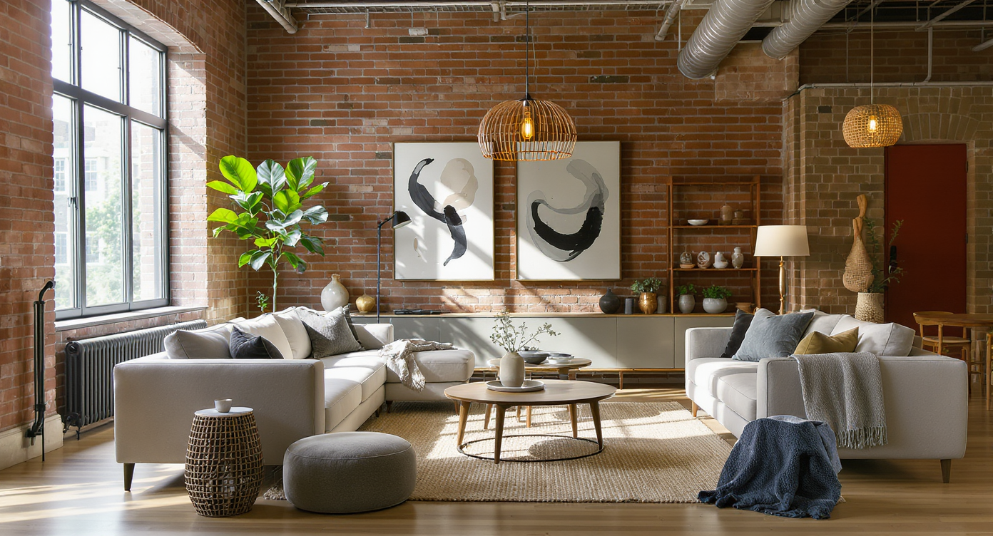 Modern Chicago loft living area with sectional sofa, area rug, shelving, and buffet dividing open zones, illuminated by natural sunlight.