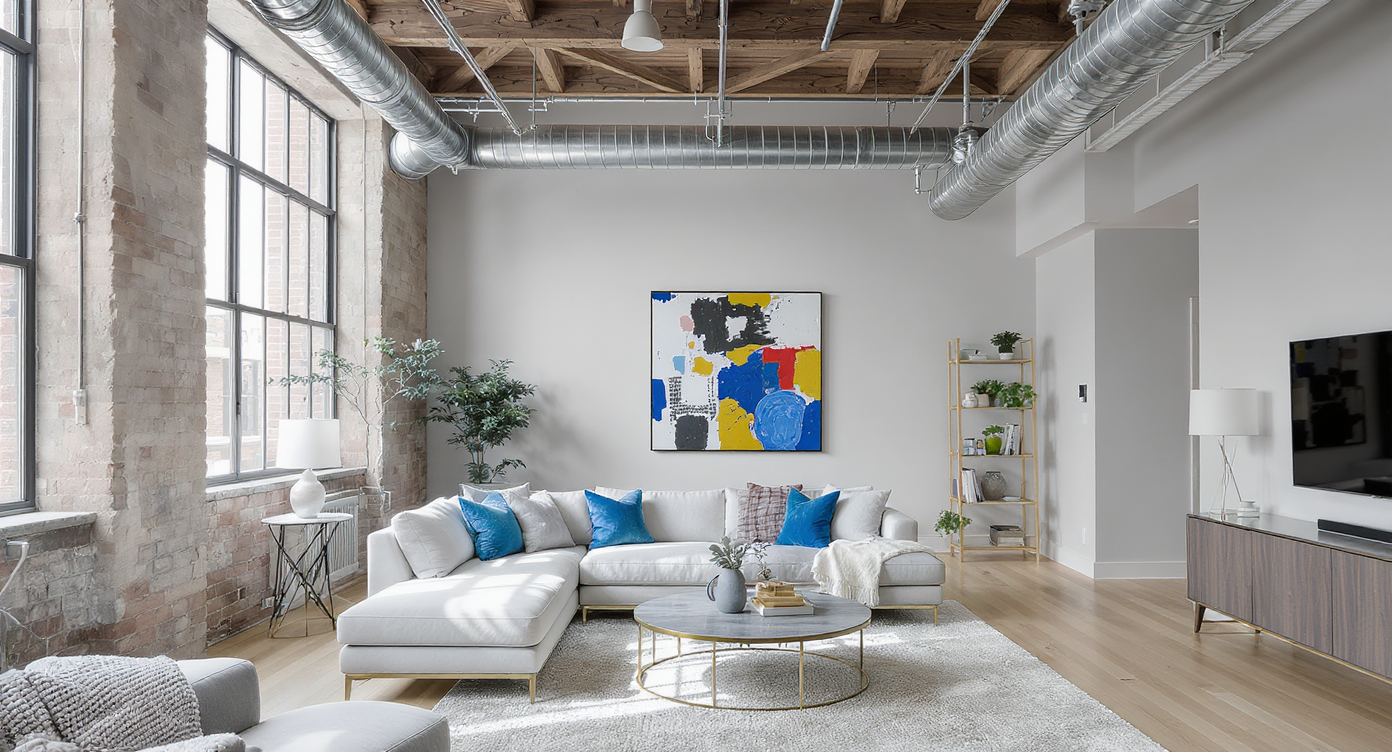 Chicago loft living area with ultra-light gray walls, high ceilings, exposed brick and beams, neutral furniture, and blue accent decor.