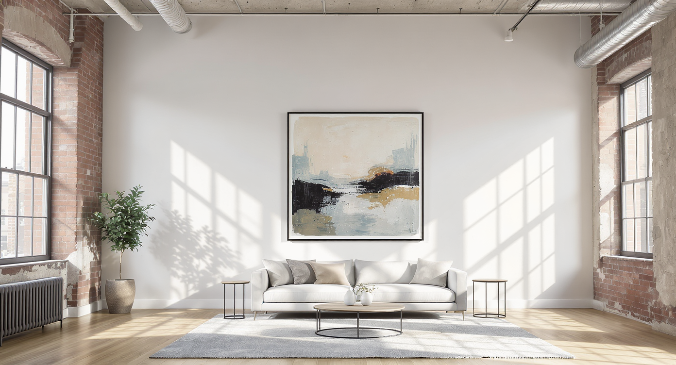 Loft living room with a single large statement artwork on a tall wall, neutral furnishings, and sunlit space accentuating vertical height.