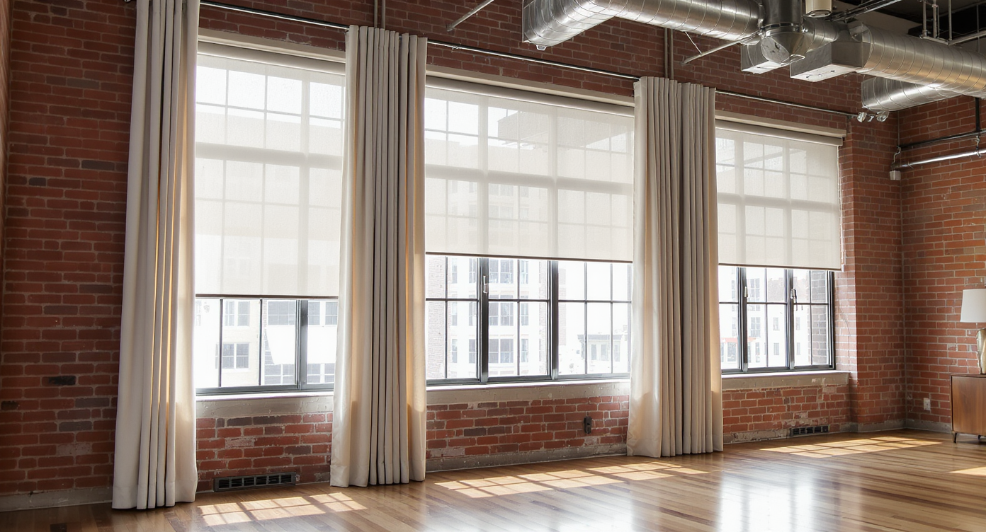 Modern Chicago loft with tall industrial windows featuring minimalist high-mounted curtains and block-out blinds, allowing generous natural light.