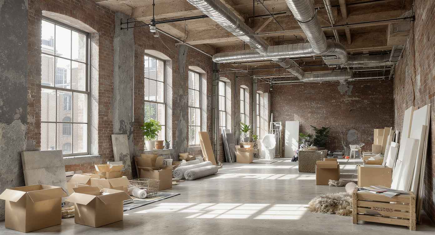 Sunlit, empty urban Chicago loft with exposed brick, concrete floors, open ductwork, scattered moving boxes, and a design station with samples.