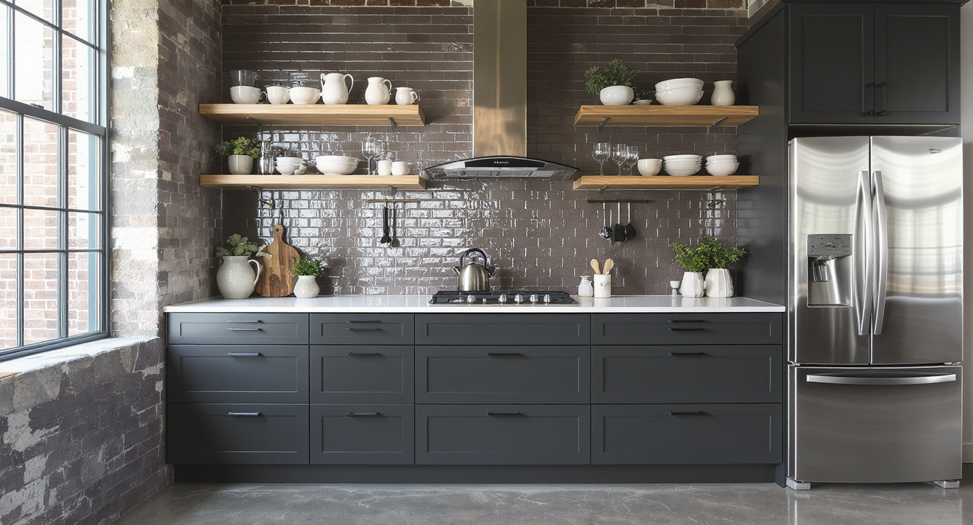 A modern Chicago loft kitchen featuring charcoal-stained lower cabinets, floating wood shelves, and a metallic subway tile backsplash under natural daylight.