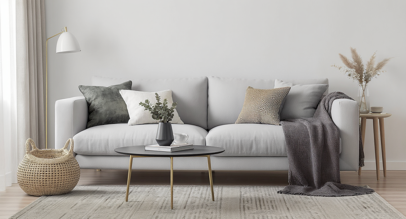 Minimalist living room with a grey sofa, assorted textured throw pillows, patterned rug, and a tactile blanket, all styled for comfort and cohesion.