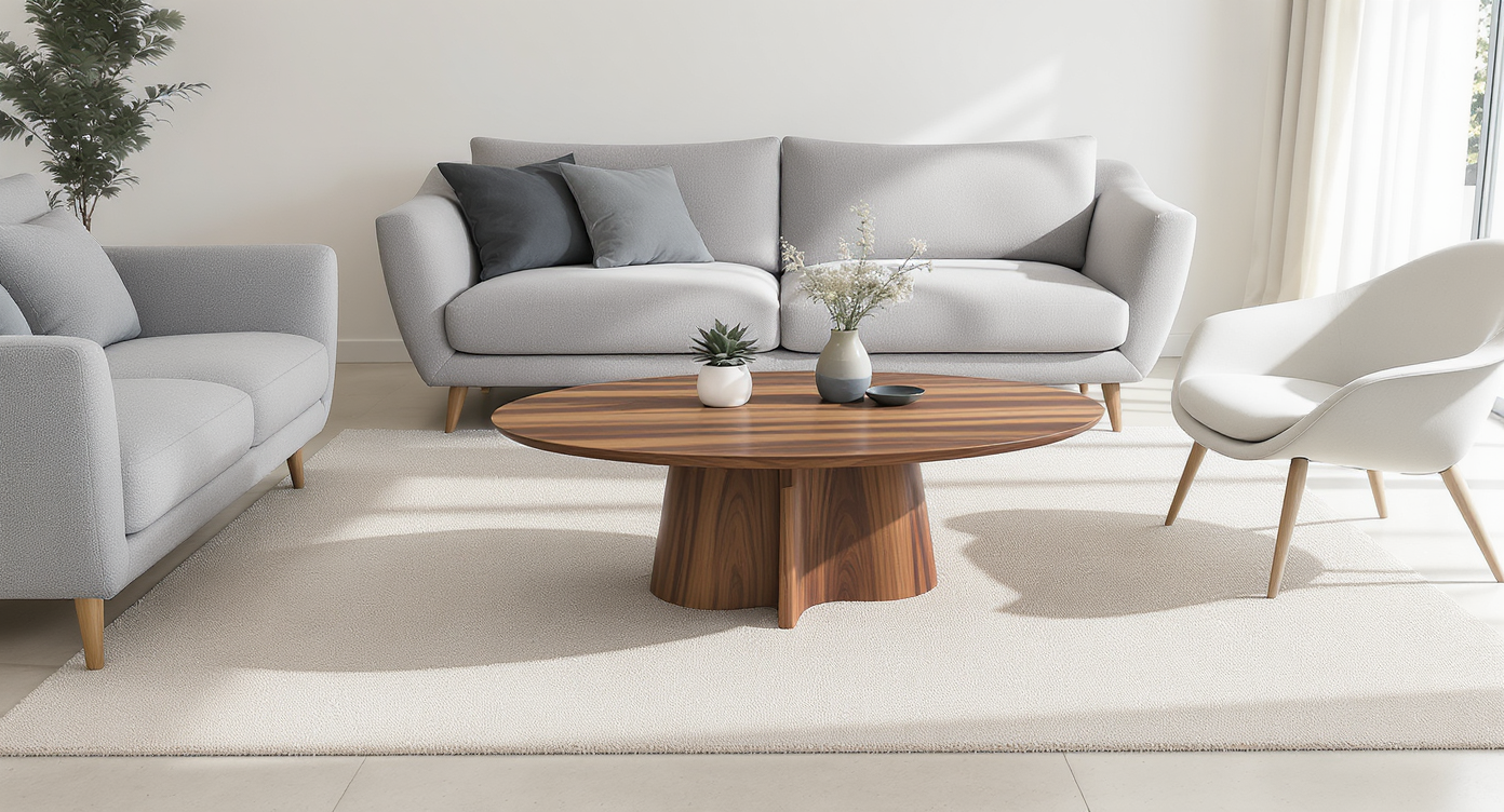 A round wooden coffee table anchors a modern minimalist living room, surrounded by grey and white seating and bathed in natural light.