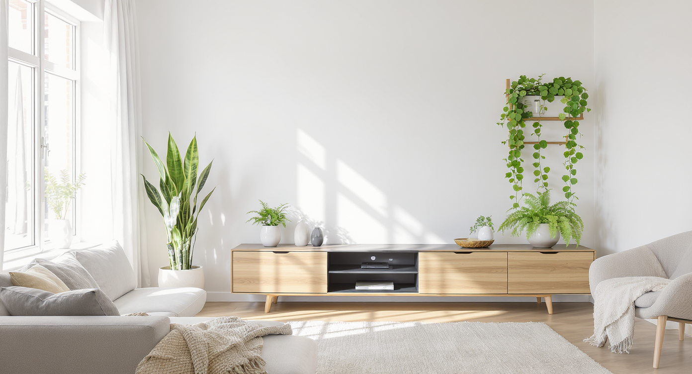 Minimalist living room with a tall snake plant in the corner, trailing pothos on a cabinet, and a small fern on a media console for organic warmth.