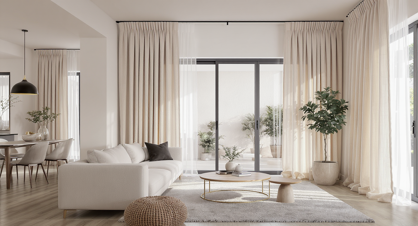 Spacious open-plan living and dining area with high-mounted, floor-grazing pinch-pleat linen curtains on all windows for a cohesive, elevated look.
