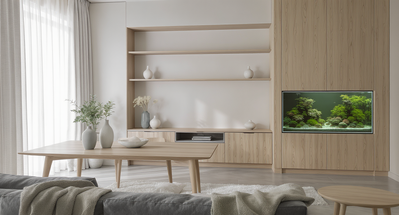 Minimalist living and dining space with cohesive wood furniture, closed cabinetry, simple groupings of decor, and a curated aquarium, all styled uncluttered.