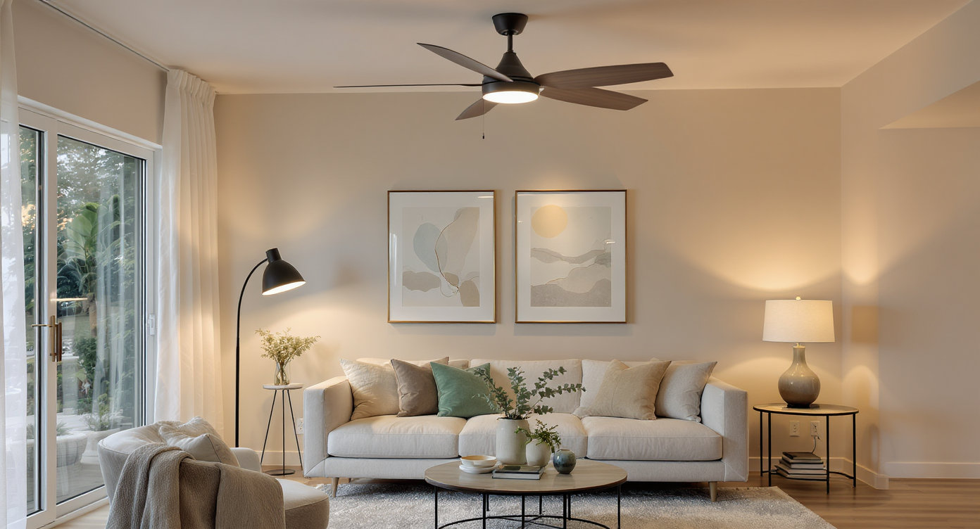 Modern living room featuring layered lighting: streamlined ceiling fan, pendant, floor lamp, picture lights, and warm 2700K ambiance with no clutter.