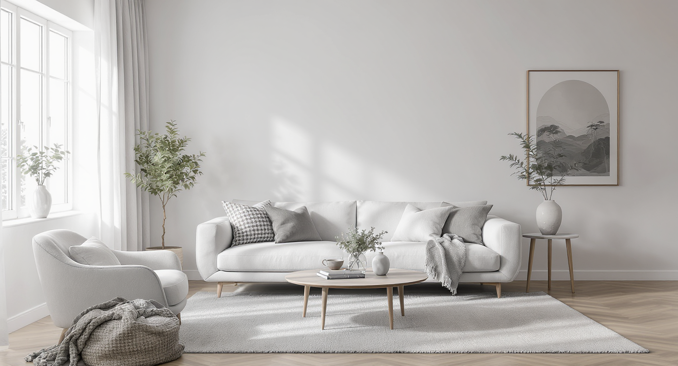 A minimalist living room with neutral tones, where teal is repeated in a throw, a vase, and a rug, subtly unifying the decor around an art piece.