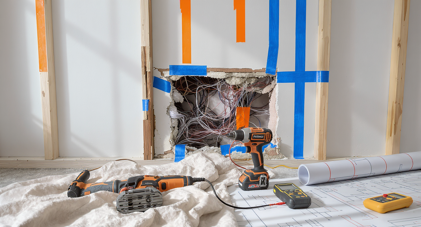 Unoccupied kitchen under demolition with reciprocating saw and multitool on floor, marked electrical wiring in walls, circuit tester, and safe cutting guides.