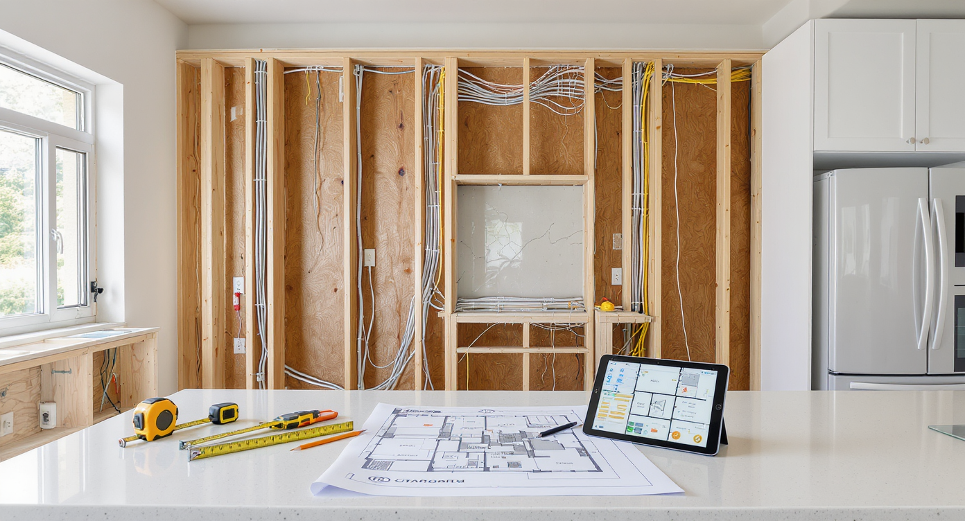 Modern kitchen mid-renovation, featuring exposed wall studs with visible wiring and a digital tablet showing mapped planning next to neatly arranged tools.