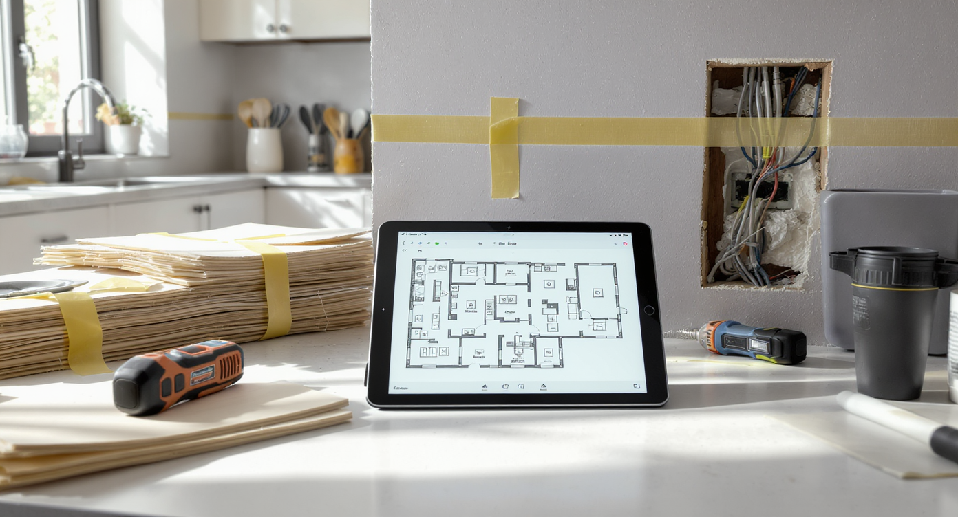 Organized kitchen demo scene: tablet with electrical layout, marked wall, multitool, neat drywall cutout exposes safe wiring, no people.