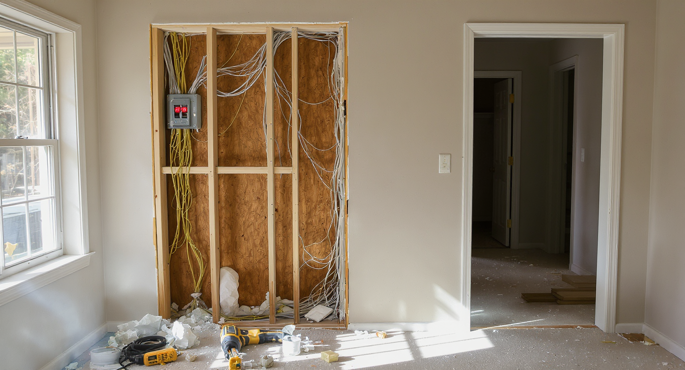 Exposed, freshly cut romex wires in a partially demolished 1970s ranch kitchen wall, reciprocating saw nearby, lights off in adjacent rooms.